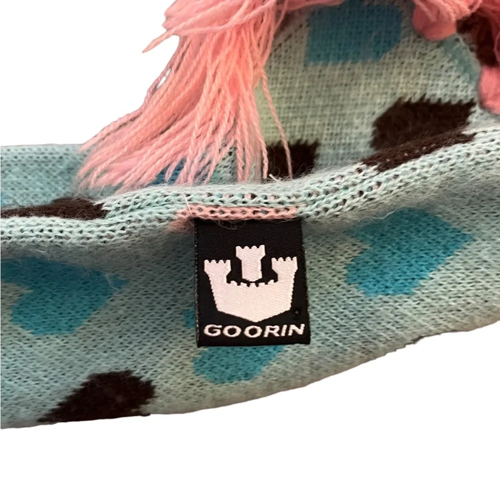 Goorin Bros Knit Scarf Light Blue Heart Pattern Pink Tassels Geometric 90s Style